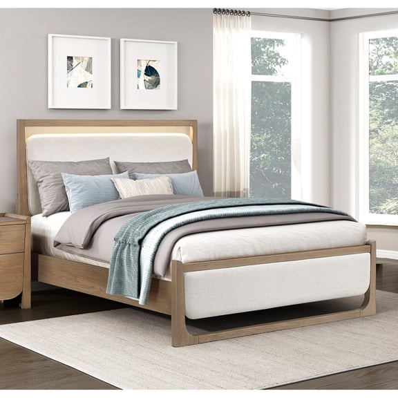 Miekor Furniture 1pc Modern Light Brown Finish Upholstered LED Bed Queen Size Stunning Design Wooden Bedroom Furniture MK5634