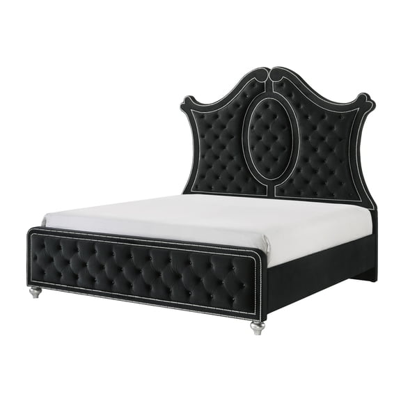 Miekor Furniture 1pc Queen Panel Bed Tufted Headboard Luxurious Upholstery and Intricate Nailhead Trim Diamond-patterned Tufted Accent Modern Luxury Black MK1267