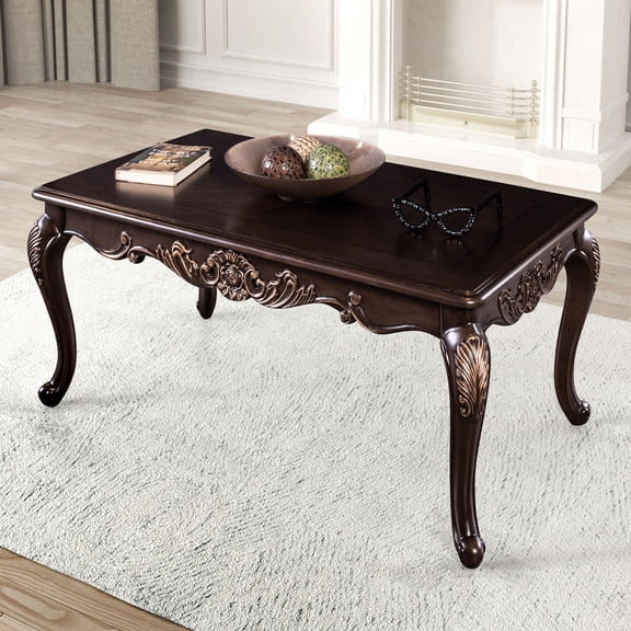 Miekor Furniture 1pc Rectangle Coffee Table Traditional Style Curved Shape Legs Solid Wood Structure Carved Design With Gold Highlight Dark Cherry Finish MK9799