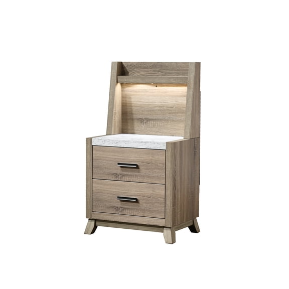Miekor Furniture 1pc Rustic Transitional Contemporary Nightstand Wall Panel Natural Brown Faux Stone Top w/LED Light Bed Side Cabinet MK3753