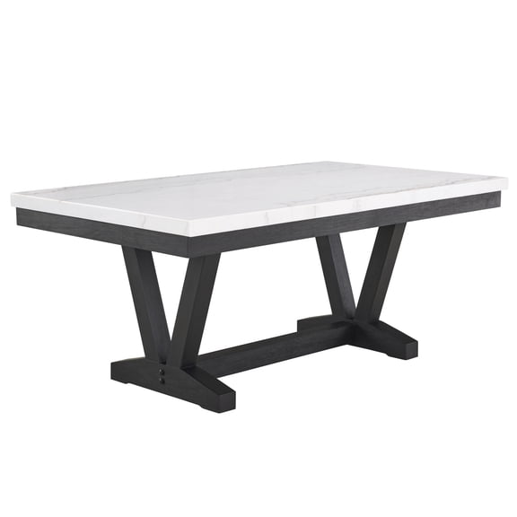 Miekor Furniture 1pc Transitional Modern Formal Dining Table White Genuine Marble Rectangular Table Top Trestle Base Black Finish Legs Wooden Dining Room Furniture 53523