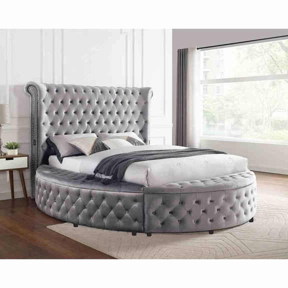 Miekor Furniture 1pc Unique Round Glam Gray Velvet Like Acrylic Button-Tufted Detailing Storage Bed King Size No5757