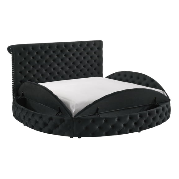 Miekor Furniture 1pc Unique Round Plush Black Velvet Button-Tufted Detailing Storage Bed Queen Size MK4184