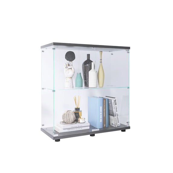 Miekor Furniture 2 Layer Glass Display Cabinet with 2 Doors, Curio Cabinets, Glass Display Cabinet Showcase Countertop with Lock, Tempered Glass with MDF Base MK8537