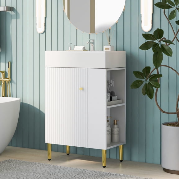 Miekor Furniture 21.6" white Bathroom vanity, Combo Cabinet, Bathroom Storage Cabinet, Single Ceramic Sink, Right side storage 06AAE