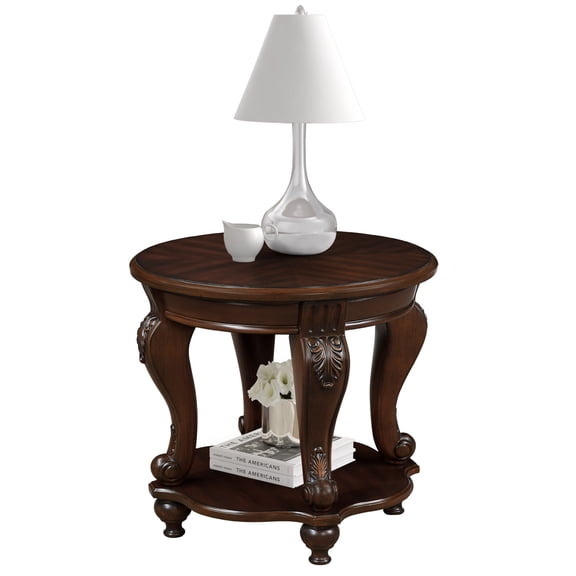 Miekor Furniture 22" Retro Round End Table,Solid Wood Sofa Side Table with Shelf,Living Room Corner Table Easy Assemble,Cherry 71518