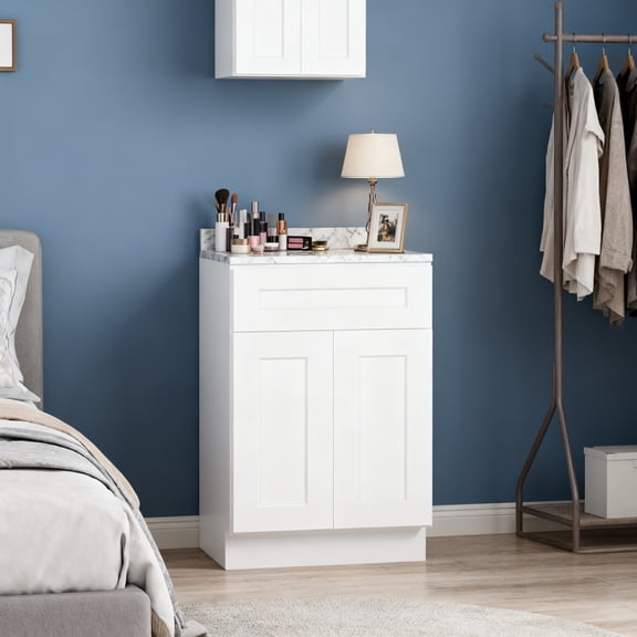 Miekor Furniture 24" Solid Wood White Shaker Base Cabinet w/ Soft-Close Drawer & Double Doors. Adjustable Shelf, RTA Perfect for Kitchen, Bath & Garage (24"Wx34.5"Hx24"D) No.6202