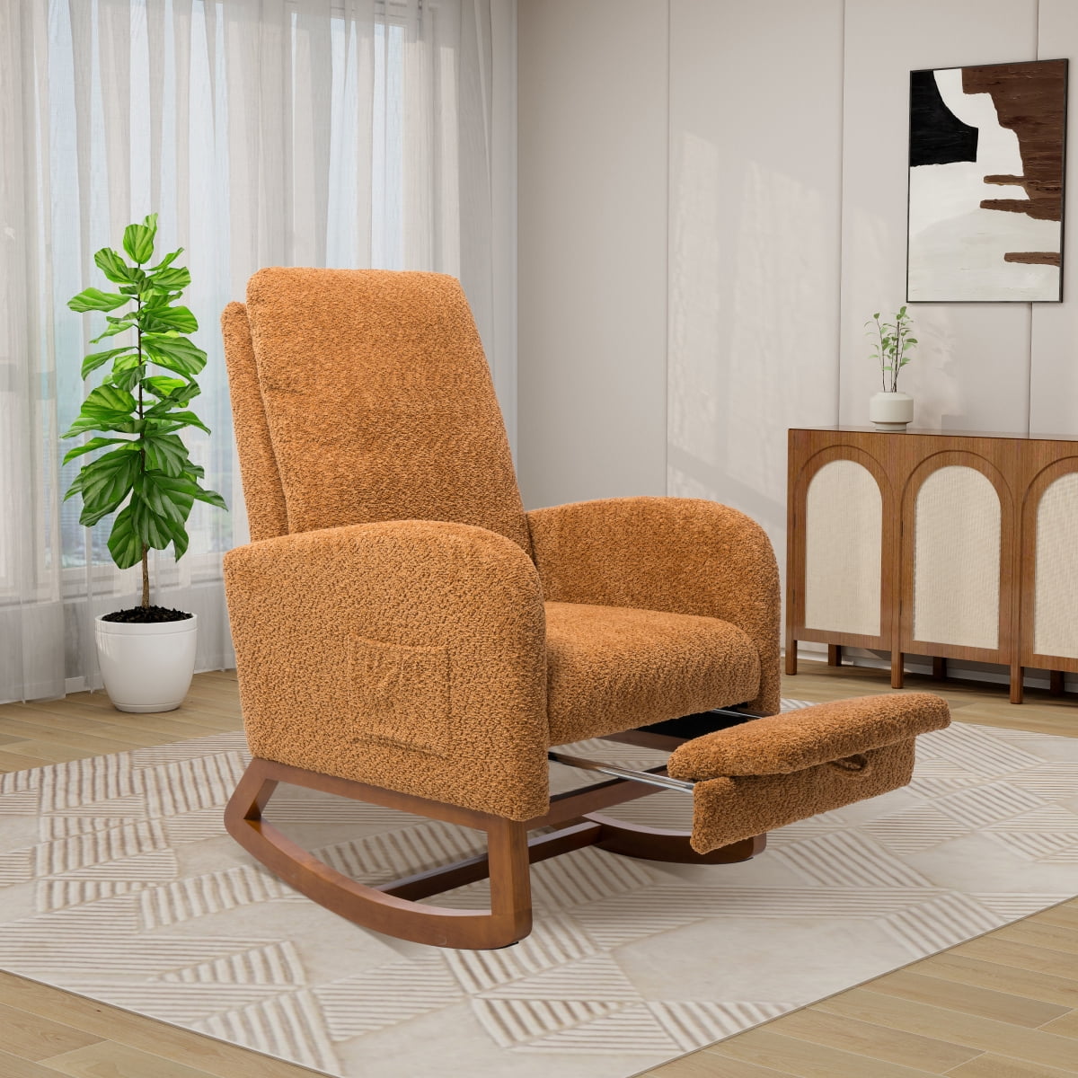 Miekor Furniture 25.4"W Rocking Chair for Nursery, High Back Glider Chair with Retractable Footrest, Side Pocket, Rocking Accent Armchair with Rubber Wood Legs for Living Room/Bedroom.Caramel B5A9101