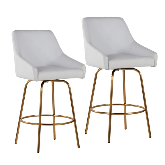 Miekor Furniture 26" Fixed-Height Counter Stool with Swivel in White Faux Leather, with Gold Metal Legs and Footrest with Gold Handle Accent - Set of 2 No.7376