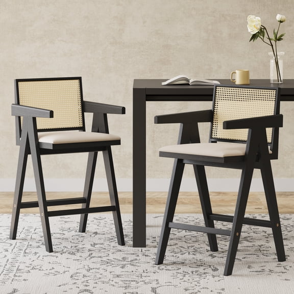 Miekor Furniture 27" Height, Cream Grey Woven Cane Plastic Backrest Bar Stool - Foam-Padded Fabric Seat & Durable Rubberwood Frame 45597