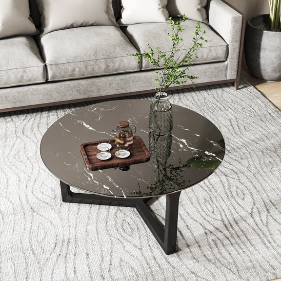 Miekor Furniture 28"Inch Round Tempered Glass Table Top with marble design,DIY Replacement&Cover Desktop,Black Dining Tabletop,Coffee Tabletop,Patio Tabletop,Suitable for Indoor & Outdoor No.6577