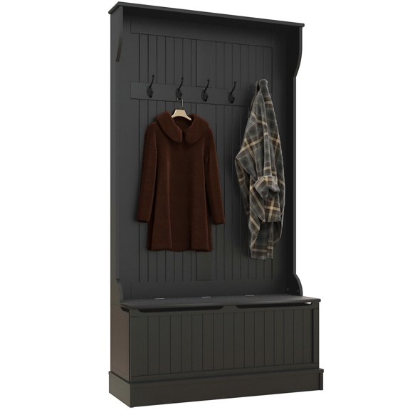 Miekor Furniture 3-In-1 Entryway Hall Tree with Storage Bench, Coat Rack with Four Hooks and Shoe Storage, Black 9710