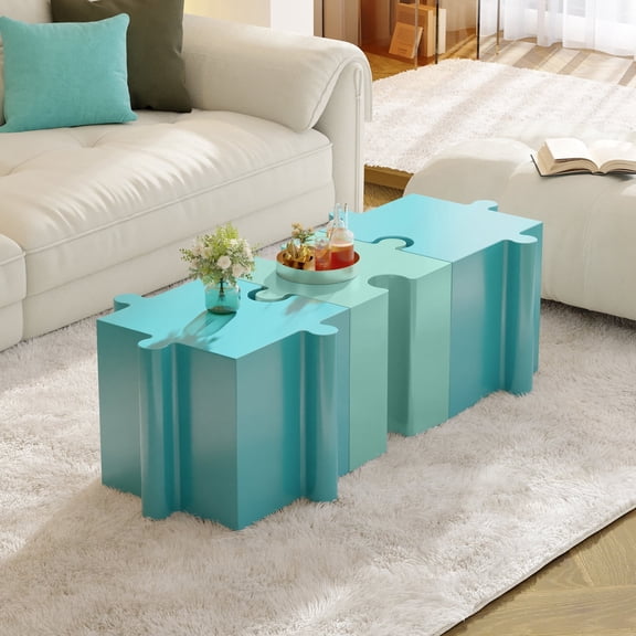 Miekor Furniture 3-Piece Artistic Puzzle Table Set,Modular MGO Side Tables with Interlocking Design (2 Convex & 1 Concave), 200lb Capacity for Indoor & Outdoor,Light Blue & Light Green Color No.2952