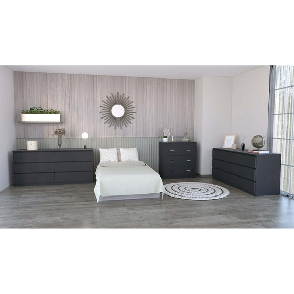Miekor Furniture 3 Piece Bedroom Set, 2 Cocora 6 Drawer Double Dressers & Capri Three Drawer Dresser, Black W5U065