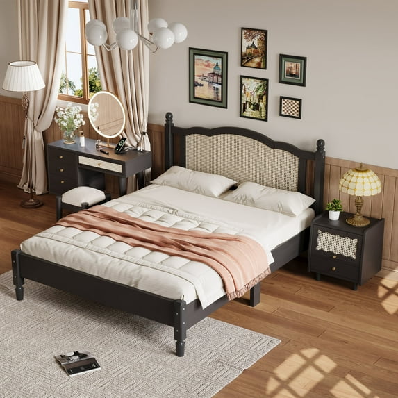 Miekor Furniture 3 Pieces Bedroom Set With Queen Size Wooden Bed Frame, 1 Vintage Nightstand And 1 Makeup Vanity Set With Stool, Black 0013B
