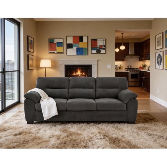 Miekor Furniture 3-Seater Sofa, Dark Gray Upholstered Couch, Modern Living Room Furniture, Textured Fabric Sofa, Minimalist Settee, Comfortable Armchair, Sturdy Frame Sofa No5955