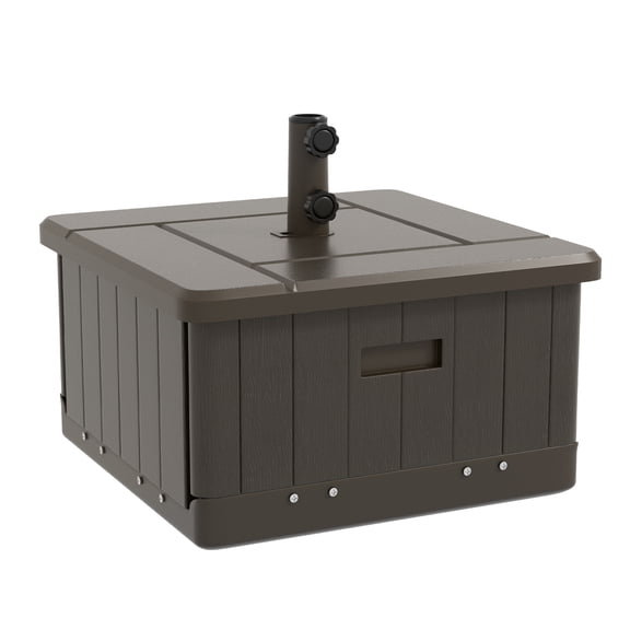 Miekor Furniture 3-in-1 Outdoor Umbrella Base, Coffee End Table, Flower Box Planter with Drain Hole, 175 lbs. Capacity Fillable Patio Umbrella Stand Table with Wheels and Handles, Brown No.2495