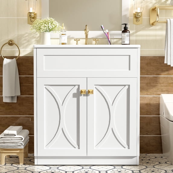 Miekor Furniture 30" Bathroom Vanity with Ceramic Sink Combo, Modern Freestanding Storage Cabinet with Gold Handles, Soft Closing Doors 23717