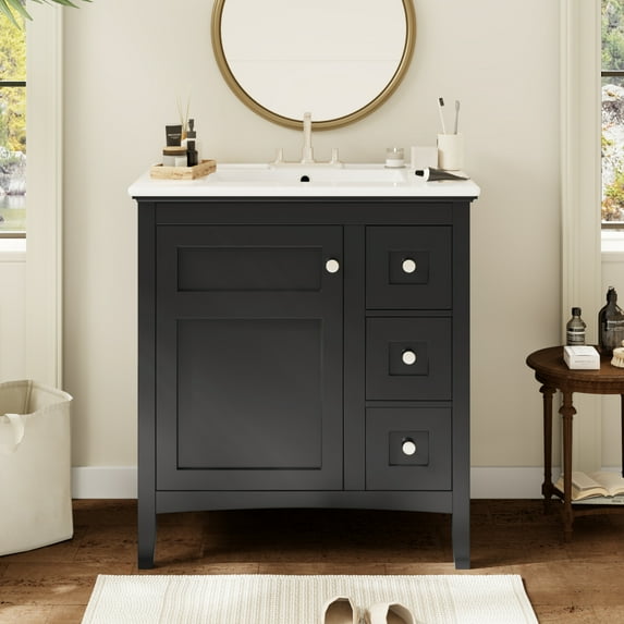 Miekor Furniture 30 Inch Bathroom Vanity with Ceramic Sink, Black Bathroom with 3 Drawers, Solid Wood Frame Modern Bathroom Storage Cabinet, Ideal for Home 88477