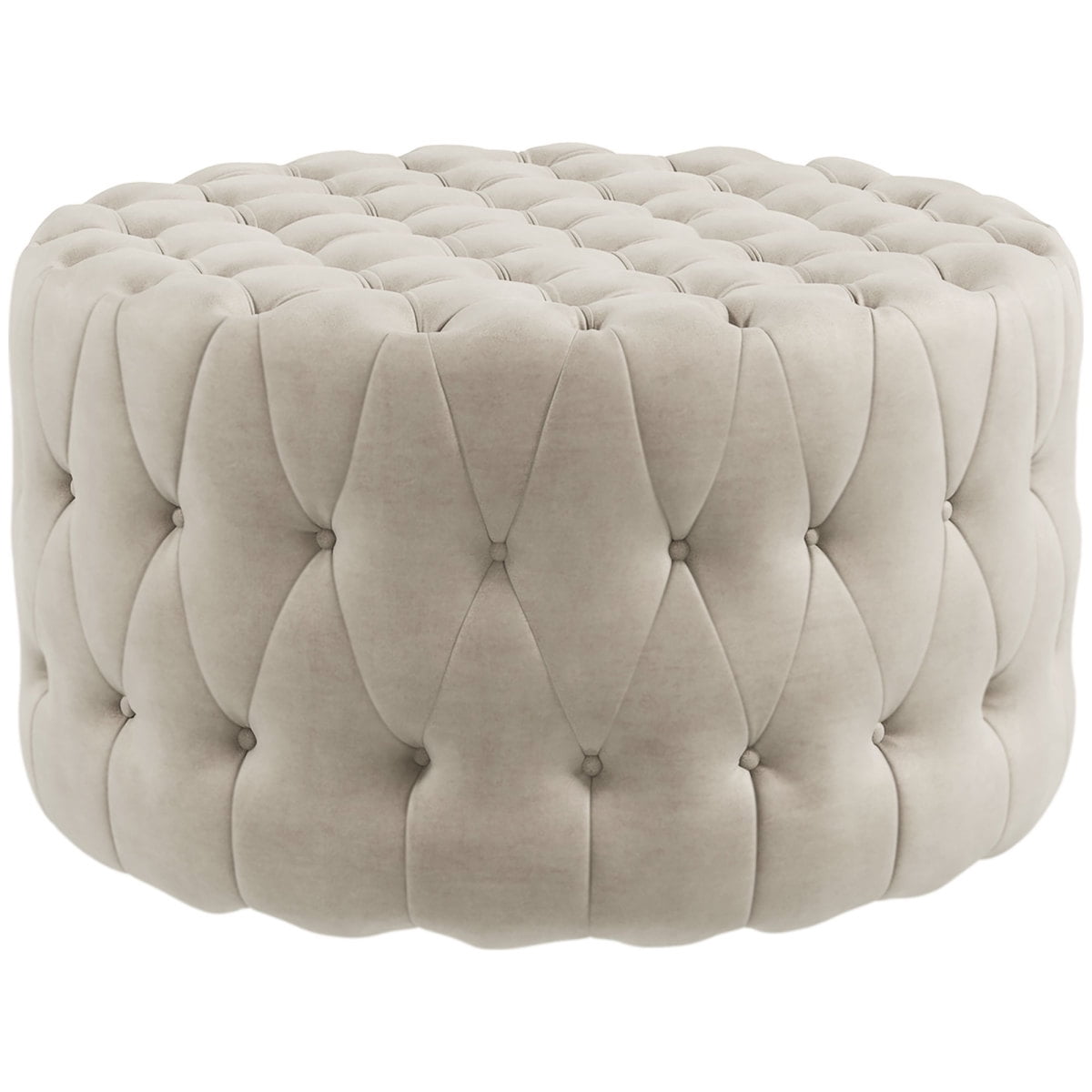 Miekor Furniture 31.5" Round Ottoman, Large Velvet-Feel Upholstered Foot Stool with Button Tufted Design and Padded Seat for Living Room, Entryway, Beige 9103