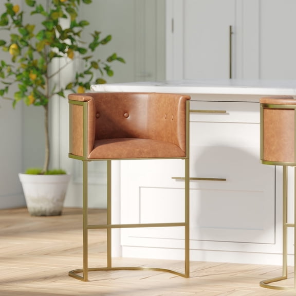 Miekor Furniture 31" Bar Stool Tobacco Brown Faux Leather with Brass-Finish Metal Base, 1PC No1888
