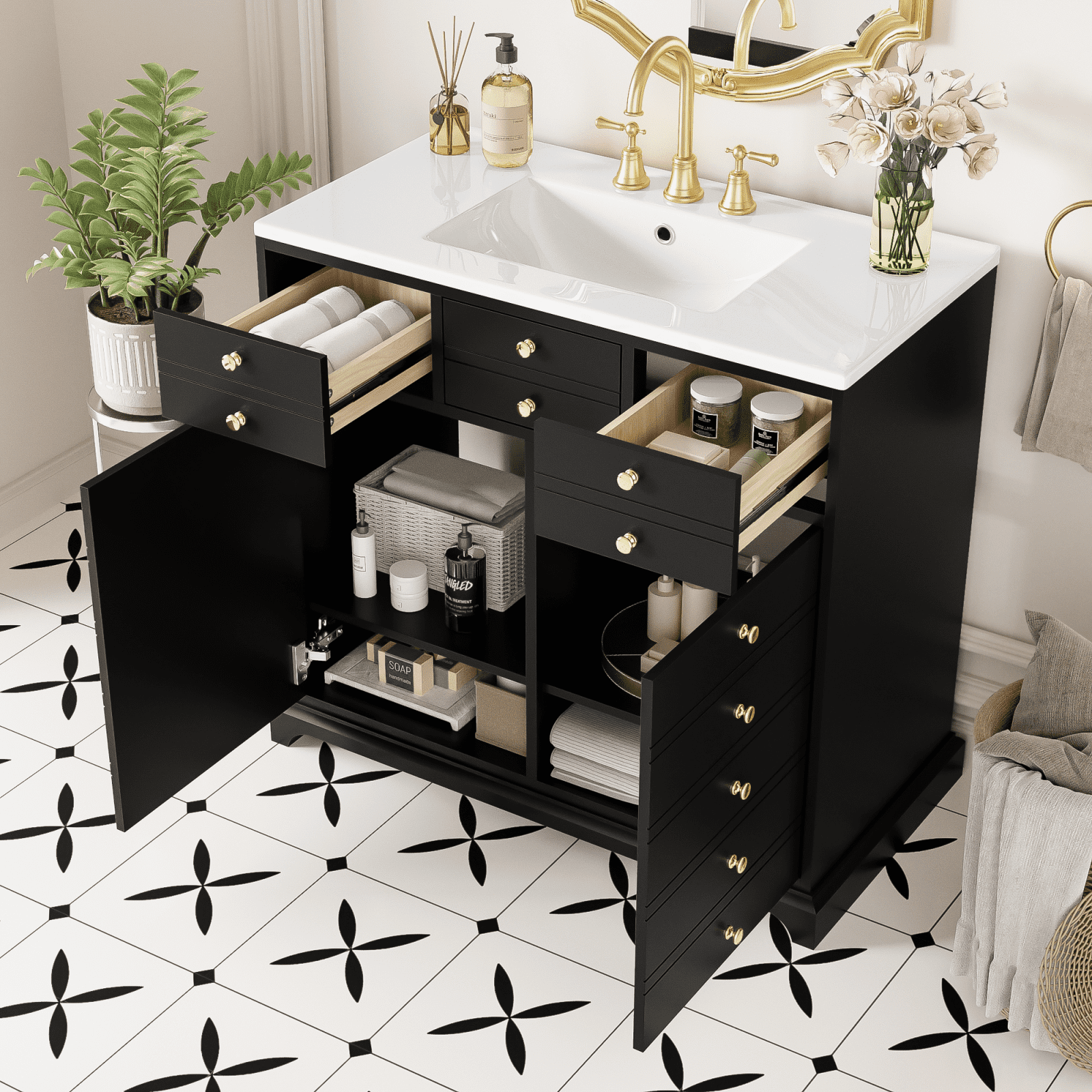 Miekor Furniture 36" Bathroom Vanity With Resin Sink Combo, Solid Wood Frame Bathroom Storage Cabinet, Freestanding Vanity Set With 2 Drawers& Soft Closing Doors, Black 5628B