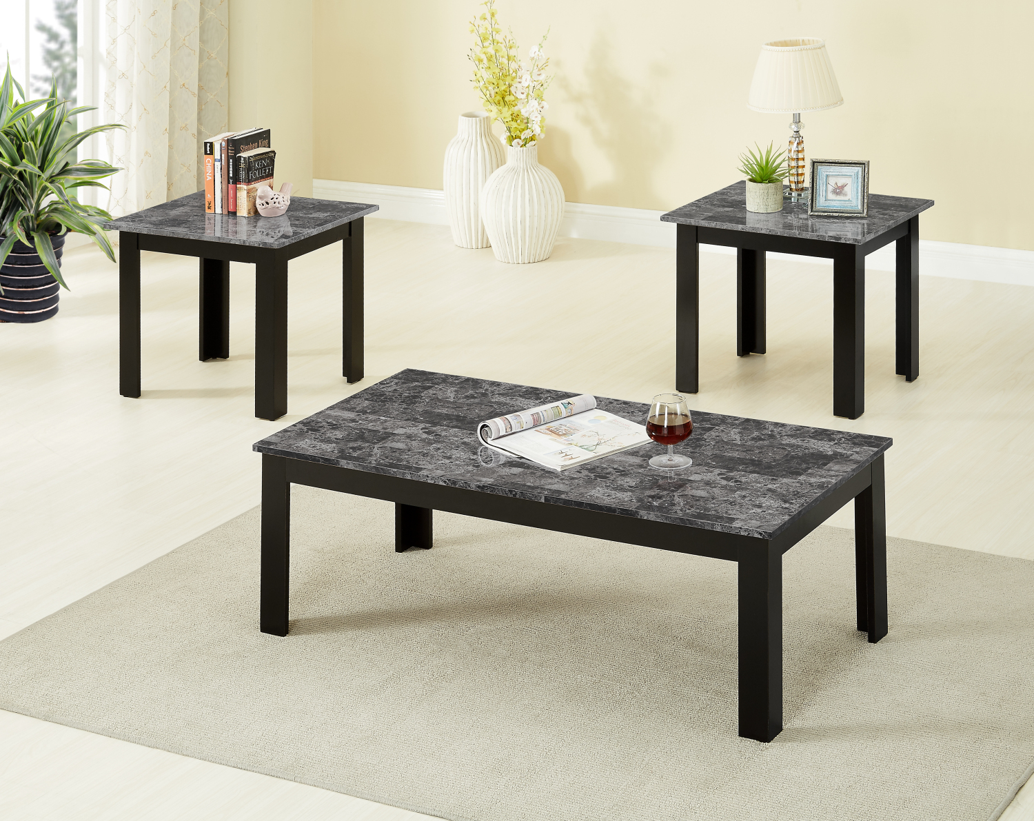 Miekor Furniture 3pc Set Traditional Style Rectangular Coffee Table Square Shape End Table Wooden Legs Black Finish Faux Marble Top Wooden Furniture Gray Finish 2910