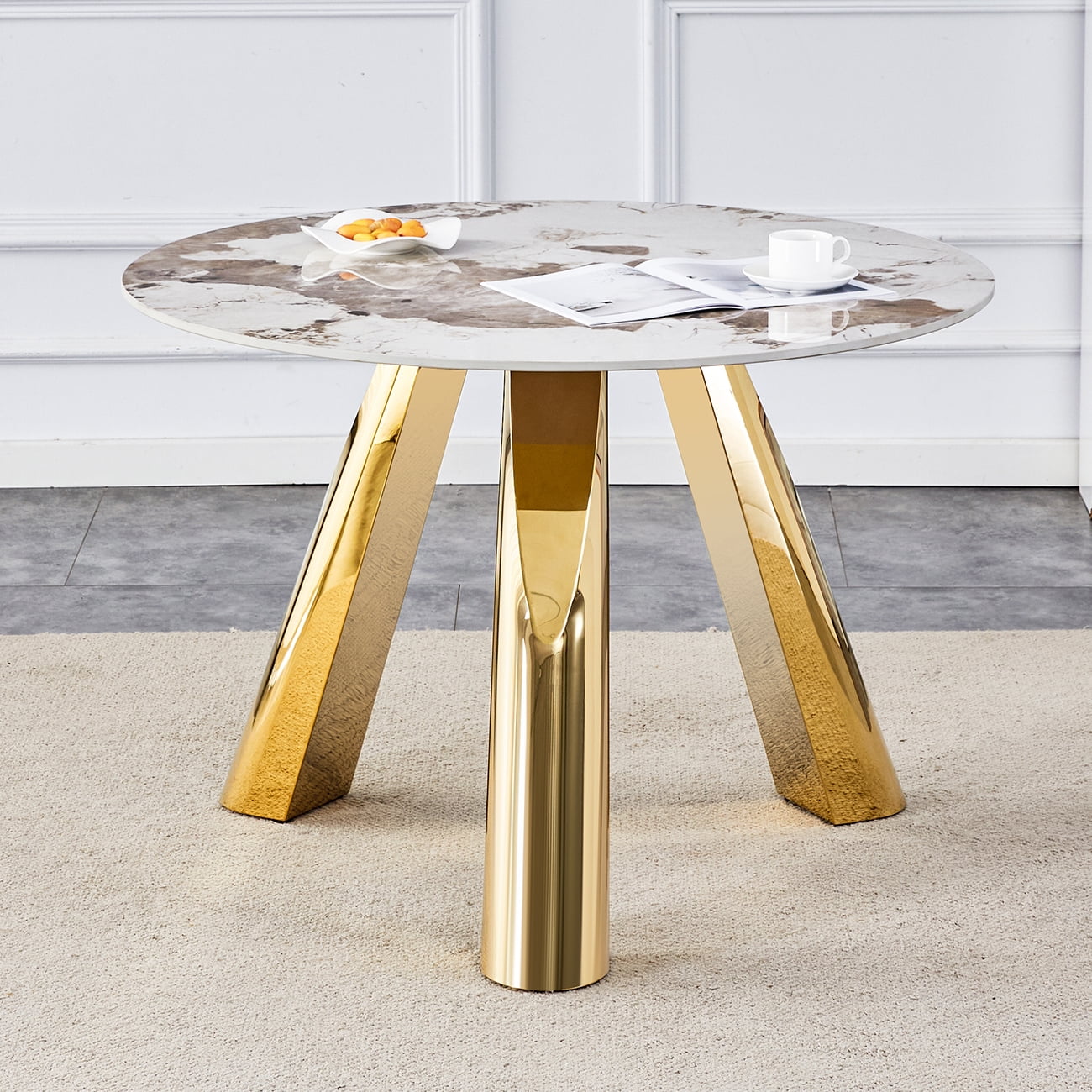 Miekor Furniture 42-Inch Stainless Steel White Pattern Burning Stone Round Table With Gold Legs Round Table Suitable For 2, 4 Or 6 00005