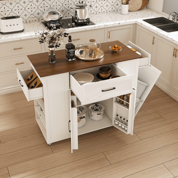 Miekor Furniture 46" Kitchen Island on Wheels with Storage & Power Outlet - Movable Rustic Breakfast Bar Table, Wood Top with Adjustable Shelf & Drawer for Kitchen Dining Living Room, White 88098