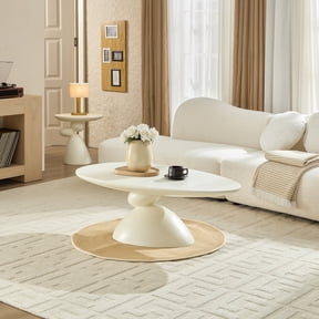 Miekor Furniture 47.27" Lucky Stone-shaped Elliptical Coffee Table, Modern Minimalist Glass Fiber Coffee Table, Sculptural Base Living Room Coffee Table, Suitable for Apartments, Milk White No.2333