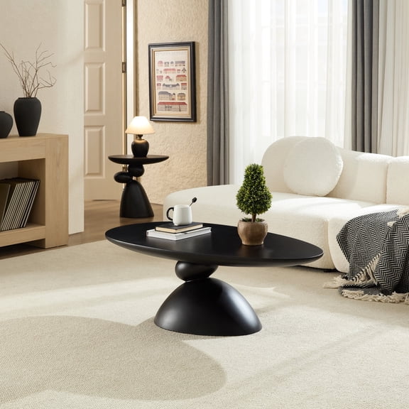 Miekor Furniture 47.27" Lucky Stone-shaped Elliptical Coffee Table, Modern Minimalist Glass Fiber Coffee Table, Sculptural Base Living Room Coffee Table, Suitable for Apartments, Black No.8255