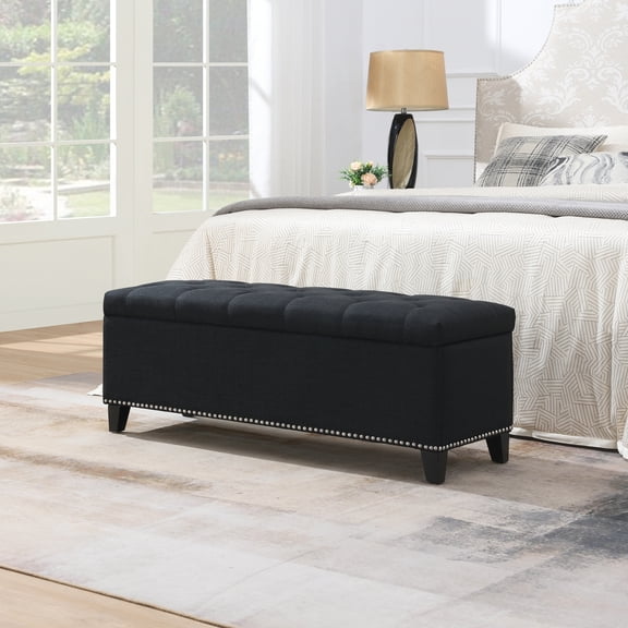 Miekor Furniture 47.5" Storage Ottoman, Storage Bench with Safety Close Hinge, Linen Button-Tufted Ottoman for Living Room, Entryway, Hallway, Foot Rest, Support 500lbs - Black No3537