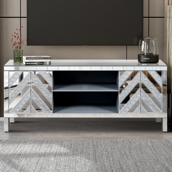 Miekor Furniture 47 Inch Mirror TV Media Console with Diamond Glass Doors, Dual Door Design with Open Storage Space, Compatible with 50-Inch TVs, Modern Decor for Living Room & Bedroom 19851