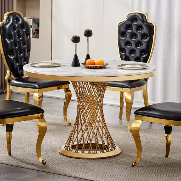 Miekor Furniture 47" Round Marble Dining Table, Modern Kitchen Table with High Gloss Faux Marble Tabletop and Stainless Steel Base for Dining Room, Kitchen (Gold,White)(Only a table) No.1637