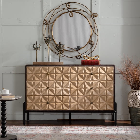 Miekor Furniture 48.21" Mid-Century Modern 6-Drawer Sideboard - Solid Wood & MDF 3D Geometric Diamond Dresser, Buffet Console Table with Black Metal Legs for Living Room/Dining Room No.1412