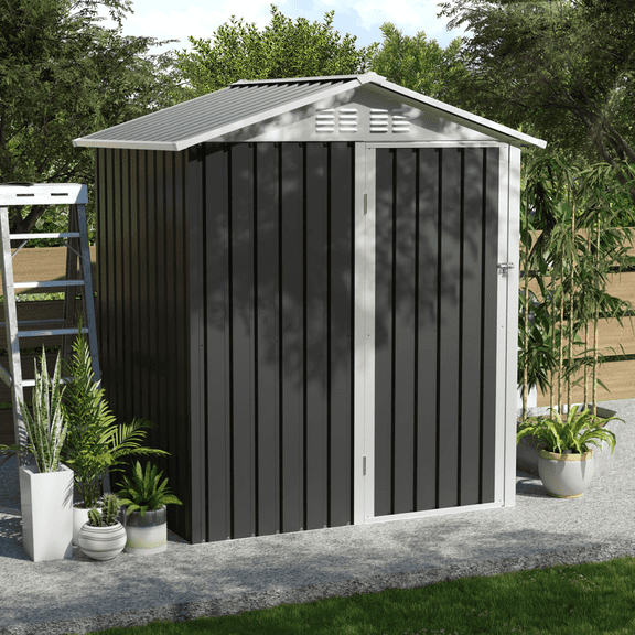 Miekor Furniture 5.4x4.27 FT Outdoor Storage Shed with Hinge Door Metal Garden Sheds for Backyard, Patio,Lawn,Utility & Bike Storage No.4241