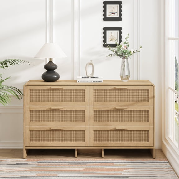 Miekor Furniture 51.18" Arc Shaped Corner Rattan Cabinet, 6-Drawers Rattan Storage Cabinet Rattan Drawer, for Living Room Bedroom,and Kitchen, Natural 31192