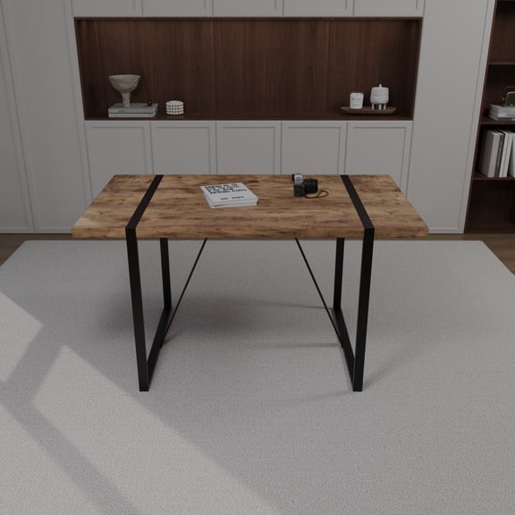 Miekor Furniture 55" dining table modern rural industrial rectangular MDF dark wood, 4-6 people, 1.5" thick engineering wood tabletop and black rectangular metal legs, used for home & kitchen 8378