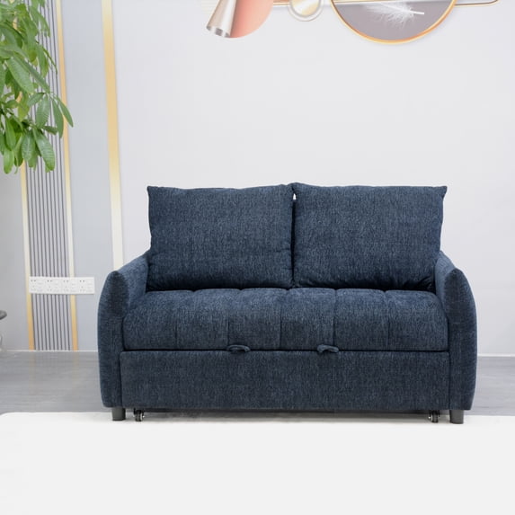 Miekor Furniture 58.27" Big Size Sofa Bed Navy Line Fabric Futon Couch with Adjustable Backrest, Modern Loveseat Sofa Sleeper for Living Room 09061
