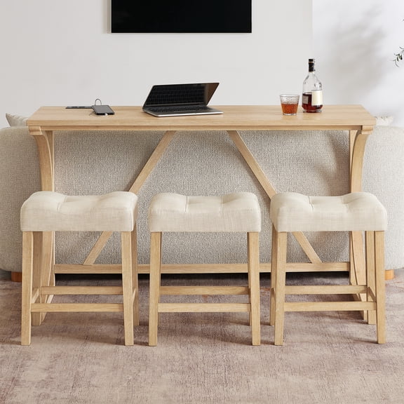 Miekor Furniture 59 Inch Bar Table, Dining Table, Sofa Table with Power Outlet, 3 Upholstered Stools, 4 Piece Bar Table and Chair Set for Living Room, Dining Room, Kitchen No.7303