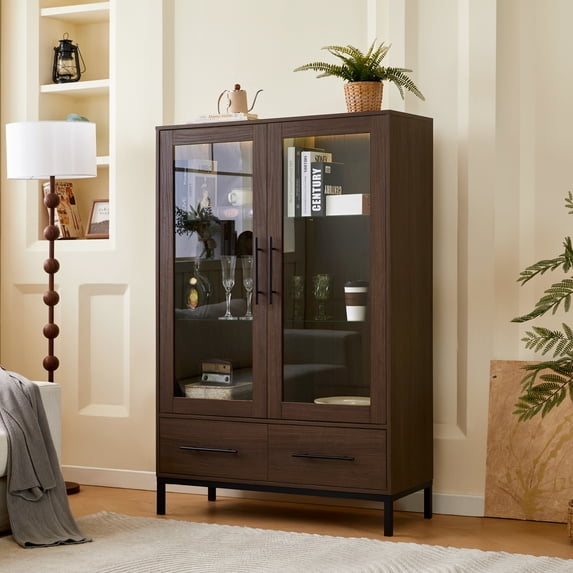 Miekor Furniture 60" Tall Display Cabinet with Tempered Glass Door, LED Lighting, Two Drawers, Modern Style Storage Cabinet for Living Room, Office & Study, Walnut 40768