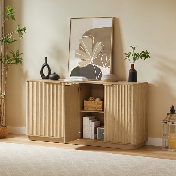 Miekor Furniture 63" Vertical Stripe Buffet Cabinet Sideboard with stoarge, Curved wave Design, TV Stand, for Bedroom, Living Room, Hallway, Oak,63"W x 15.75"D x 31.5"H. No8803