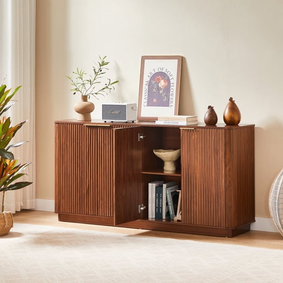 Miekor Furniture 63" Vertical Stripe Buffet Cabinet Sideboard with stoarge, Curved wave Design, TV Stand, for Bedroom, Living Room, Hallway, Walnut,63"W x 15.75"D x 31.5"H. No2155