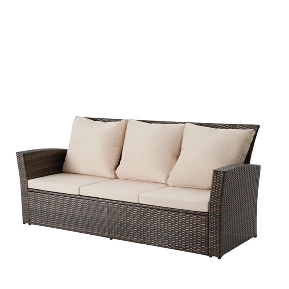 Miekor Furniture 67.7" All-Weather Wicker 3-Seat Patio Sofa with Thick Biege Cushions & Black Frame No.9117