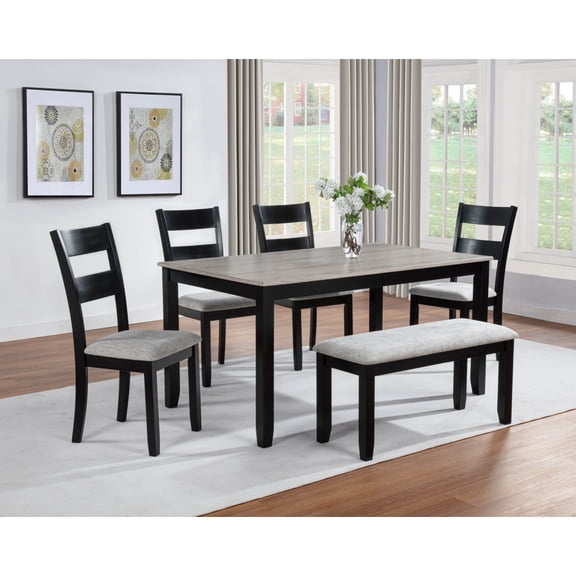 Miekor Furniture 6pc Dining Set Rectangular Table Features Weathered Gray Finish Wood Grain Wide Slat Backs Padded Seats Upholstered Textured Neutral Fabric Chair Bench No5668