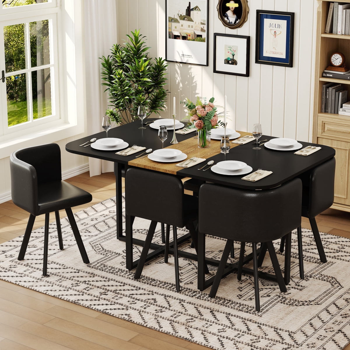 Miekor Furniture 7 Piece Dining Table Set with 6 Black Oil-Waxed ...