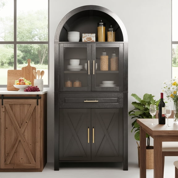 Miekor Furniture 71" Tall Arched Kitchen Pantry Cabinet with Glass Door, Farmhouse Storage Pantry Cabinet with Adjustable Shelves & Barn Door Design for Kitchen, Living & Dining Room, Black No.5761