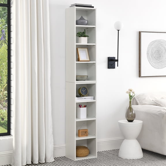 Miekor Furniture 8-Tier Media Tower Rack, CD DVD Slim Storage Cabinet with Adjustable Shelves, Tall Narrow Bookcase Display Bookshelf for Home Office,Multi-functional double-decker bookcase No.4449
