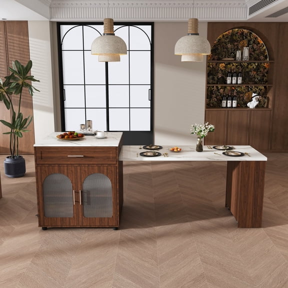 Miekor Furniture 80-inch Expandable Kitchen Island with Dining Table, Marble-Grain Countertop with Power Outlet, Mobile Storage Cart with Cabinet & 2 Drawers, Walnut Finish Kitchen Prep Table No4232