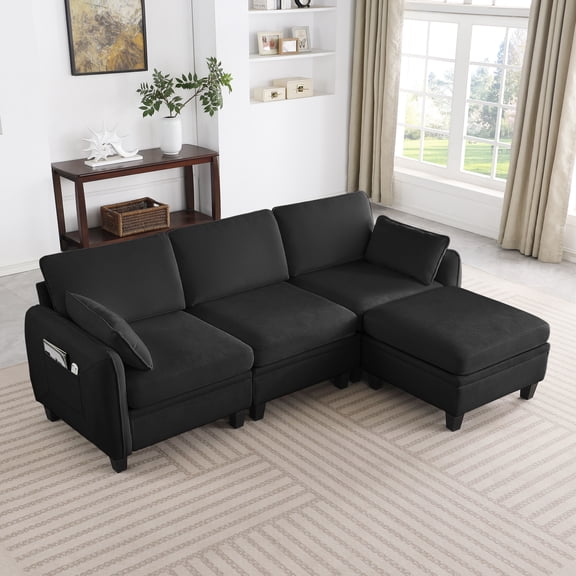 Miekor Furniture 85 Inch BLACK Chenille Modular Sectional Sofa, L-Shaped Cloud Couch with Storage Ottoman, DIY Combination for Living Room No.3314